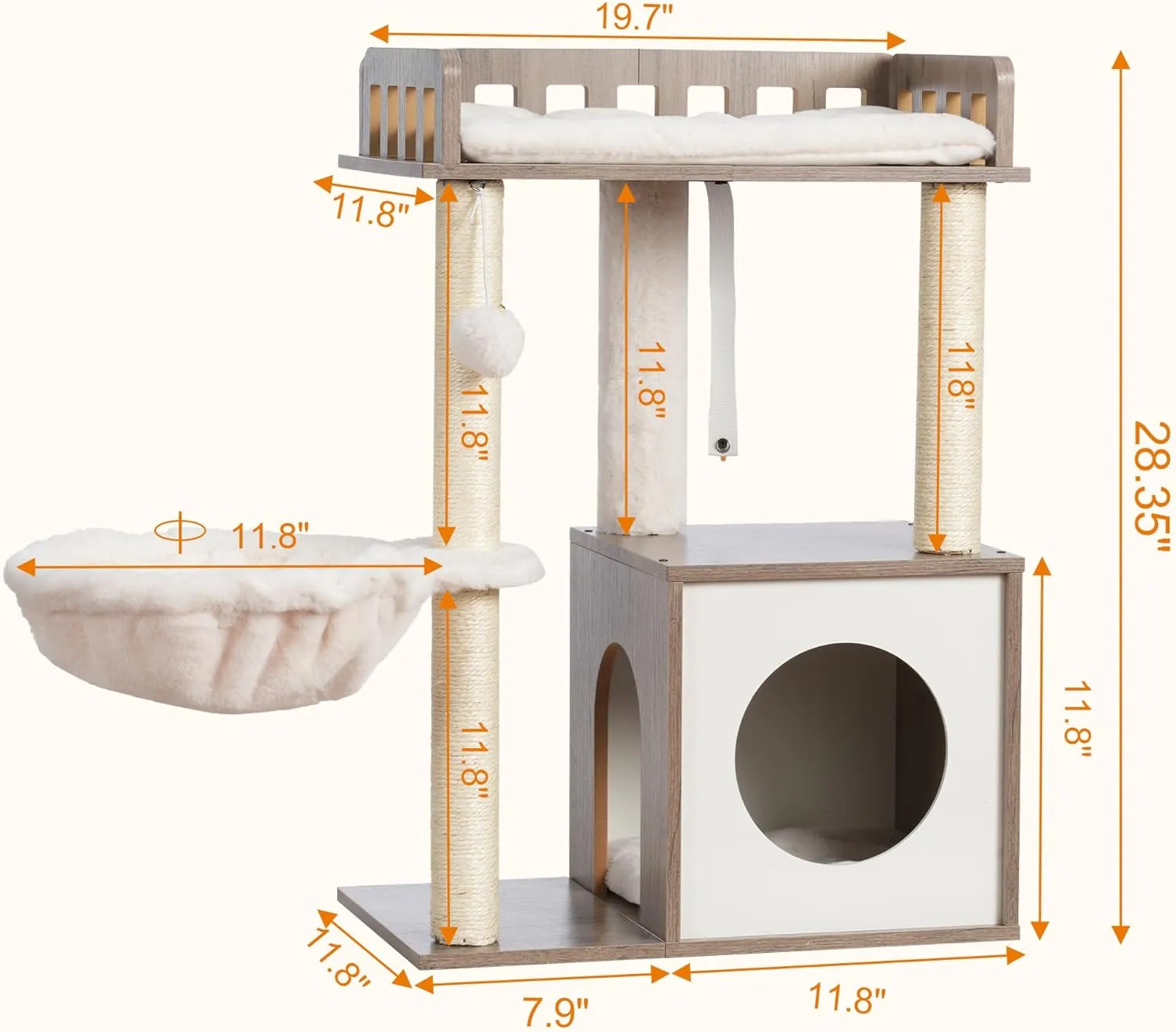 Heybly Modern Cat Tree, Wooden Cat Tower with 3 Scratching Posts, Cat Condo for Indoor Cats with Wood Cat Cave, Plush Perch, Basket, Pompom, Rustic Gray HCT007SSG