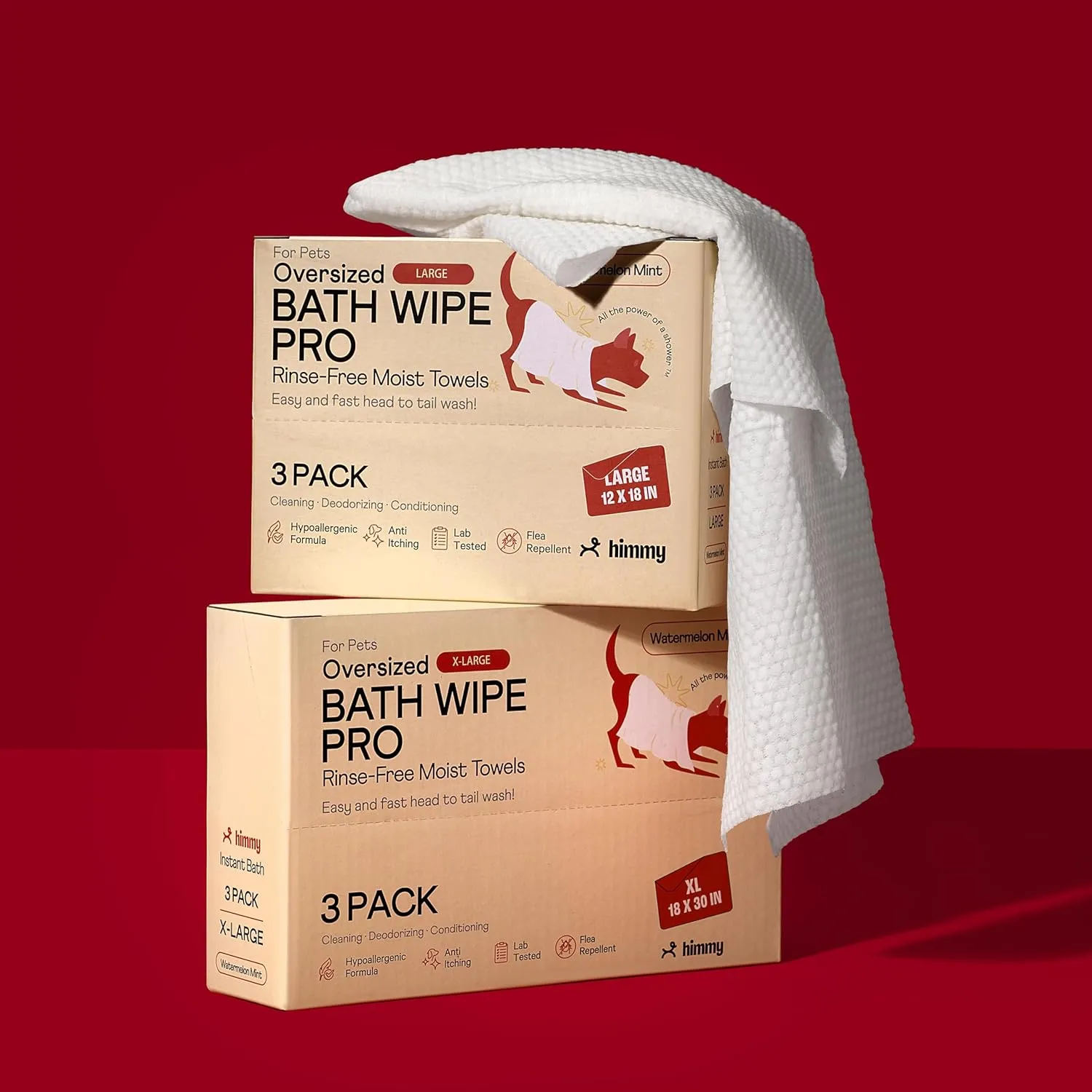Himmy Large Pet Wipes for Dogs and Cats - 12" x 18" Bath Wipes for Cleaning, Deodorizing, Conditioning, Anti-Itch Grooming, Wet Dog Wipes for Paws, Butt, Ear, Eye, Face, Whole Body Watermelon
