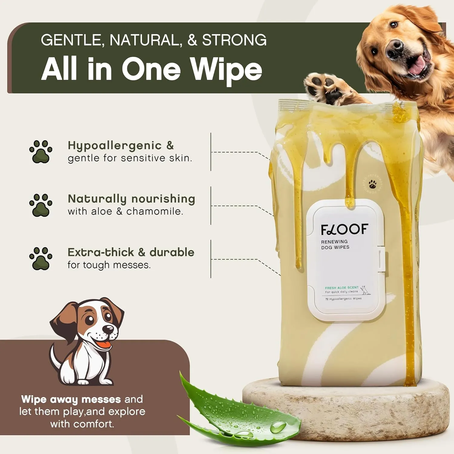 Hypoallergenic Renewing Dog Wipes - Grooming Natural Fresh Aloe Wipes for Paws, Face, Skin, Eyes, Ears, Butt - Perfect for Puppy & Adult Dogs - Vet Dermatologist Formulated - Extra Thick (72 Count)