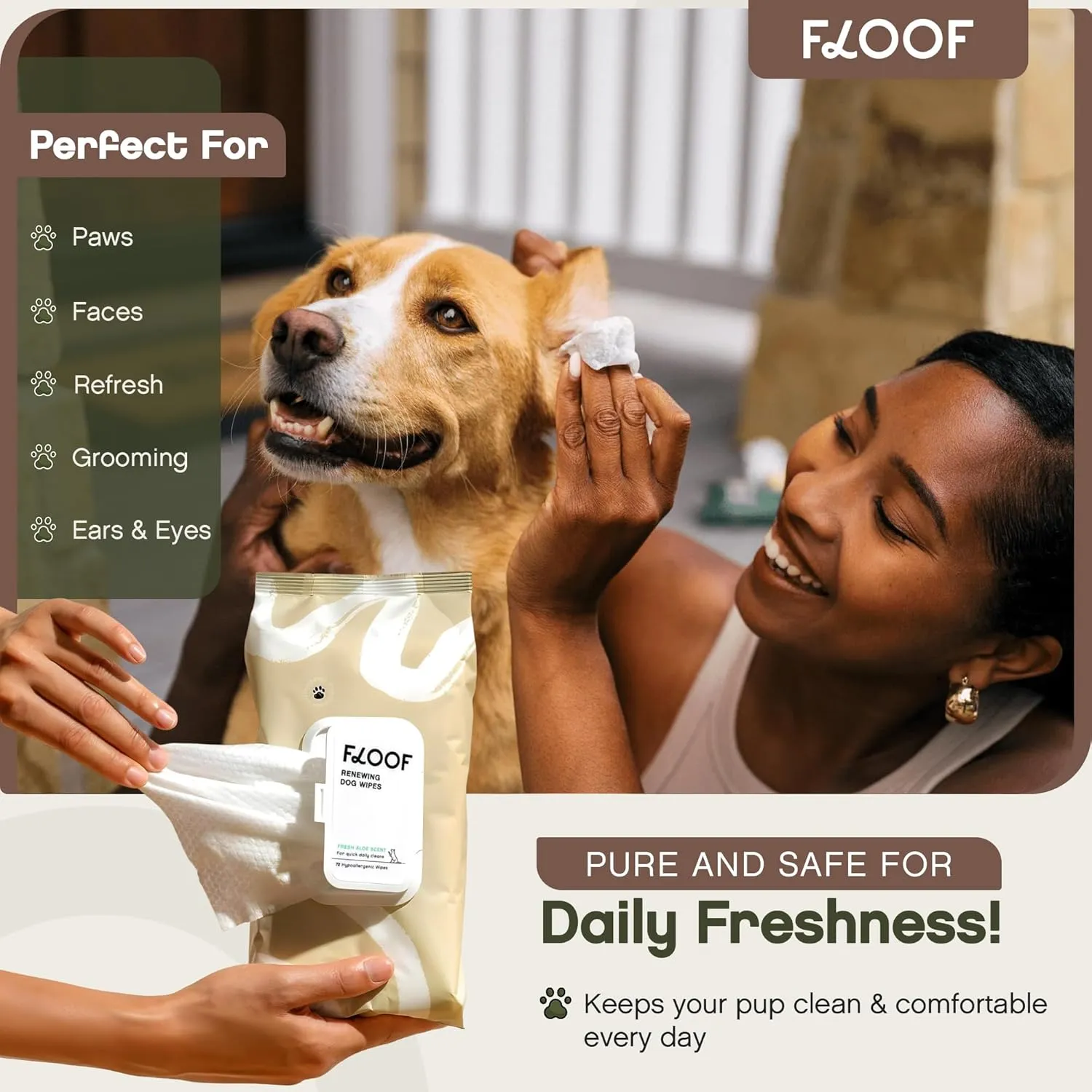 Hypoallergenic Renewing Dog Wipes - Grooming Natural Fresh Aloe Wipes for Paws, Face, Skin, Eyes, Ears, Butt - Perfect for Puppy & Adult Dogs - Vet Dermatologist Formulated - Extra Thick (72 Count)