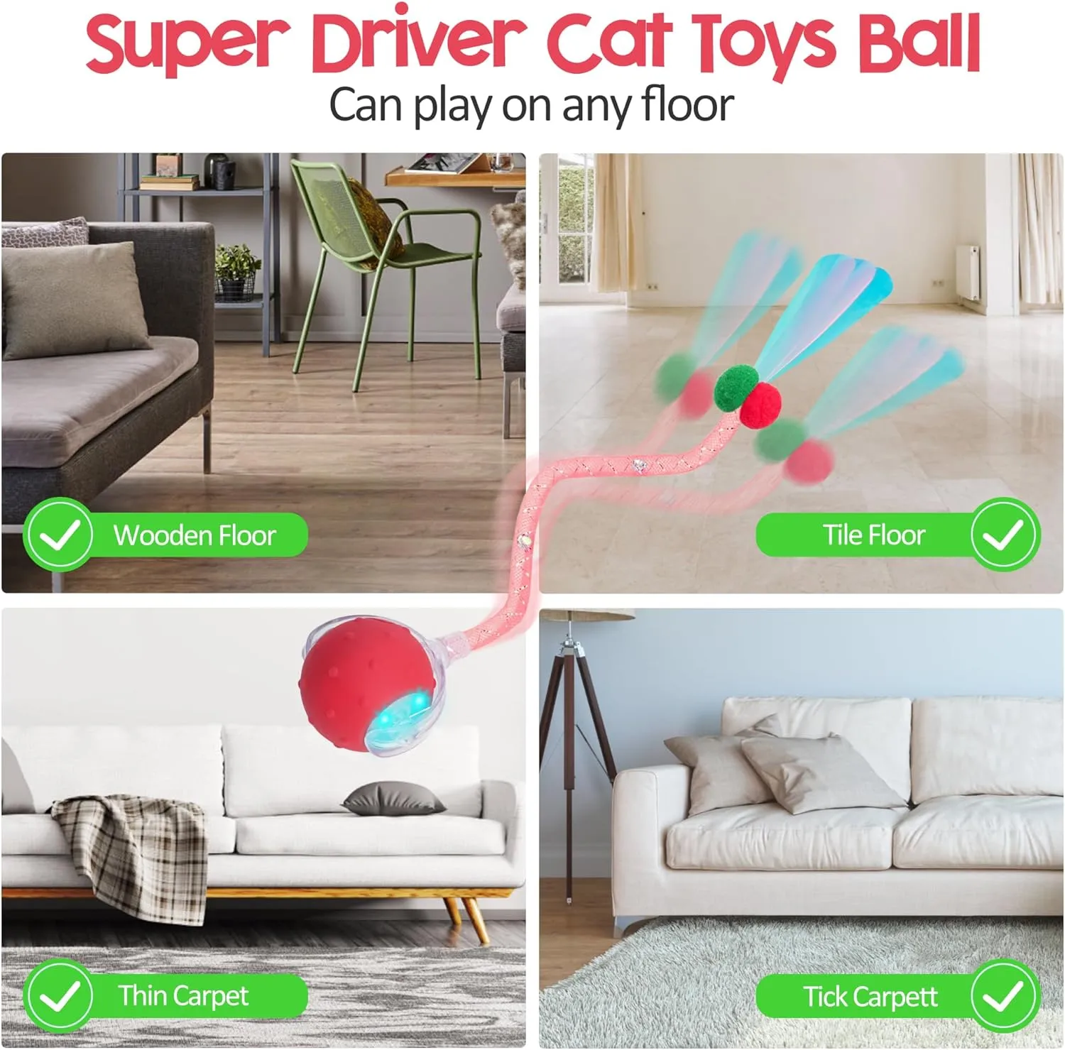 Interactive Cat Toys Ball for Indoor Cats, 2025 New Generation Automatic Moving Ball Toy with Elastic Mesh Tail, Chirping & Obstacle Avoidance and Motion Activated, RedRechargeable