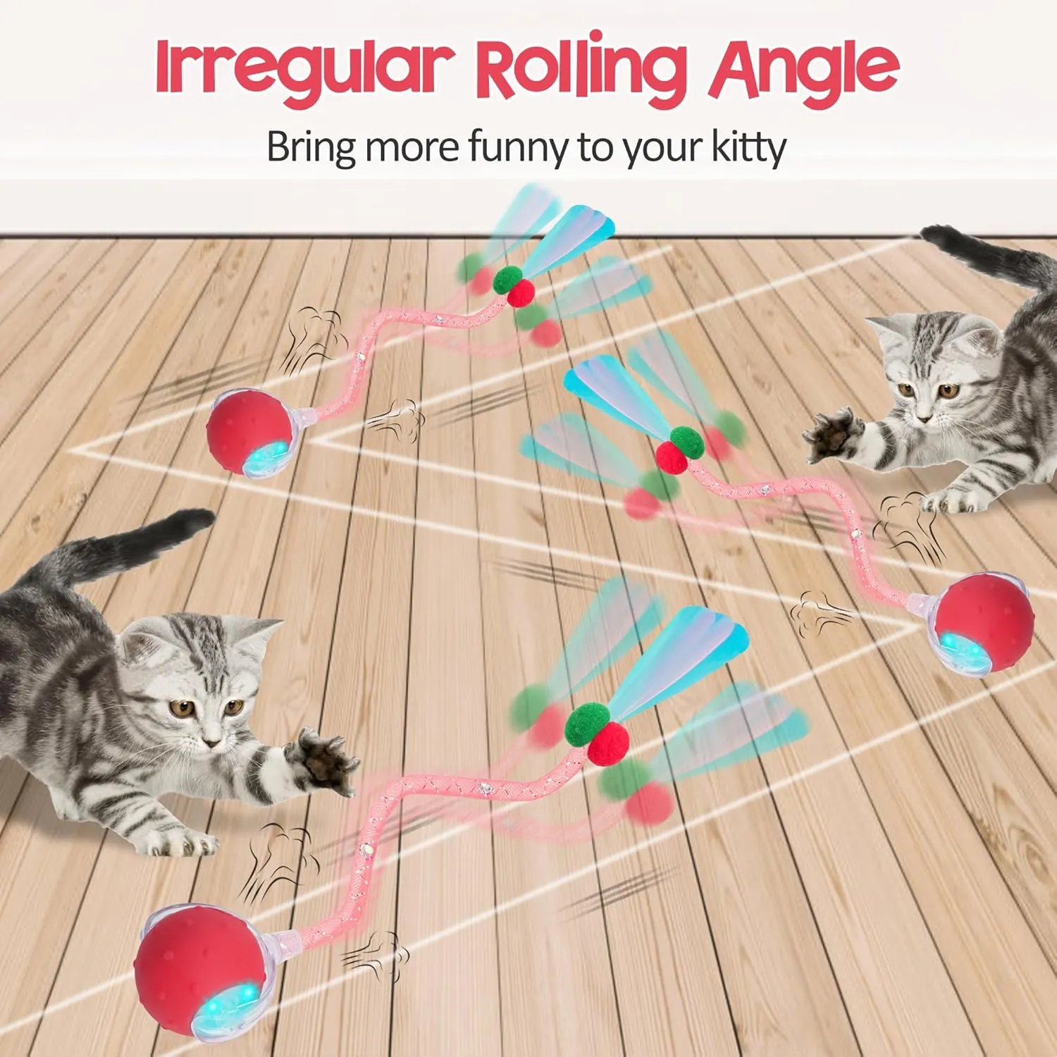 Interactive Cat Toys Ball for Indoor Cats, 2025 New Generation Automatic Moving Ball Toy with Elastic Mesh Tail, Chirping & Obstacle Avoidance and Motion Activated, RedRechargeable