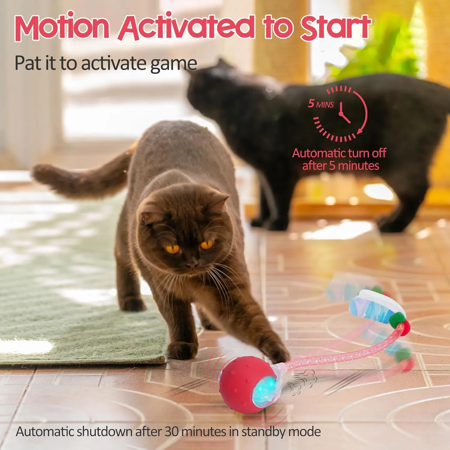 Interactive Cat Toys Ball for Indoor Cats, 2025 New Generation Automatic Moving Ball Toy with Elastic Mesh Tail, Chirping & Obstacle Avoidance and Motion Activated, RedRechargeable