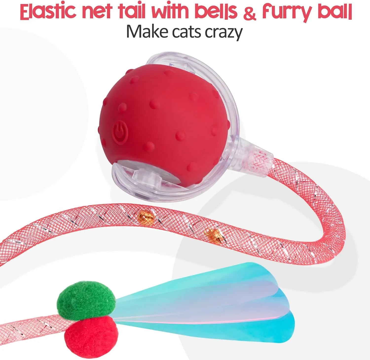 Interactive Cat Toys Ball for Indoor Cats, 2025 New Generation Automatic Moving Ball Toy with Elastic Mesh Tail, Chirping & Obstacle Avoidance and Motion Activated, RedRechargeable