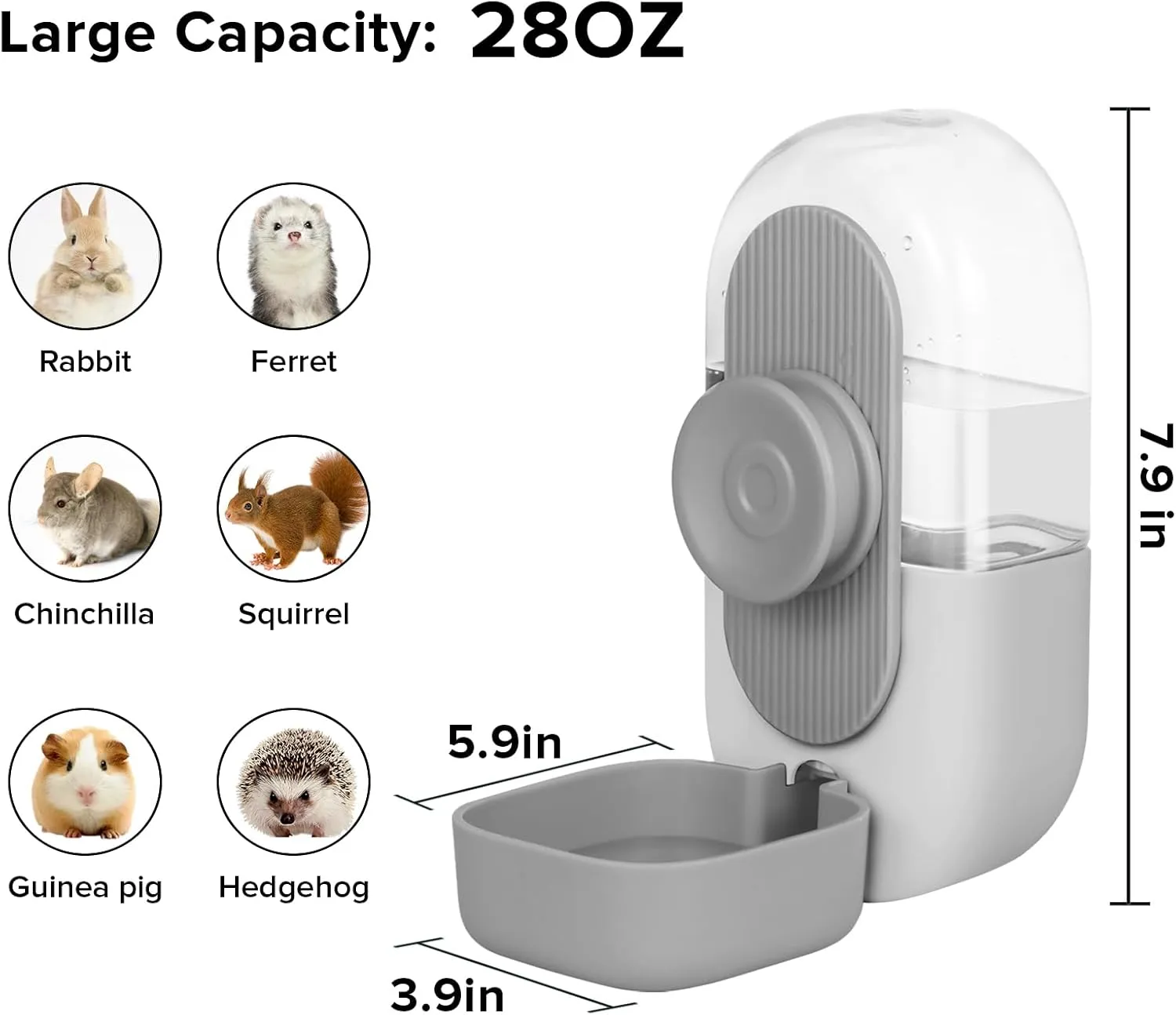 Kenond 28oz Hanging Automatic Rabbit Water Bottle, Guinea Pig Water Bottle No Drip, Gravity Water Dispenser for Cage, Suitable for Guinea Pig, Bunny, Hamsters and Other Small Animals(Gray)