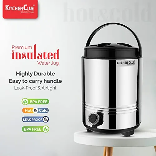 KITCHEN CLUE 304 Grade Stainless Steel Insulated Water Jug/Containers 8 Liter - Keep Your Beverages Hot or Cold All Summer (Up to 4-5 hrs) Perfect for Camping, Picnics, Office, Use at home kitchen