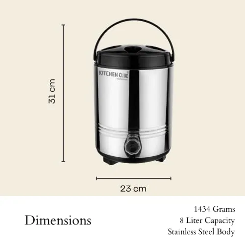 KITCHEN CLUE 304 Grade Stainless Steel Insulated Water Jug/Containers 8 Liter - Keep Your Beverages Hot or Cold All Summer (Up to 4-5 hrs) Perfect for Camping, Picnics, Office, Use at home kitchen