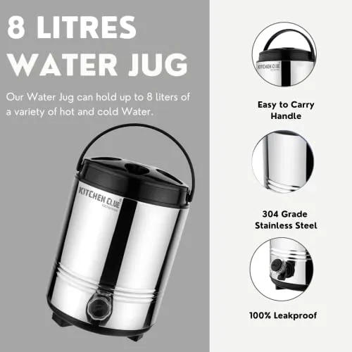 KITCHEN CLUE 304 Grade Stainless Steel Insulated Water Jug/Containers 8 Liter - Keep Your Beverages Hot or Cold All Summer (Up to 4-5 hrs) Perfect for Camping, Picnics, Office, Use at home kitchen