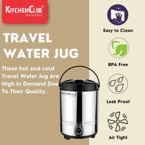 KITCHEN CLUE 304 Grade Stainless Steel Insulated Water Jug/Containers 8 Liter - Keep Your Beverages Hot or Cold All Summer (Up to 4-5 hrs) Perfect for Camping, Picnics, Office, Use at home kitchen