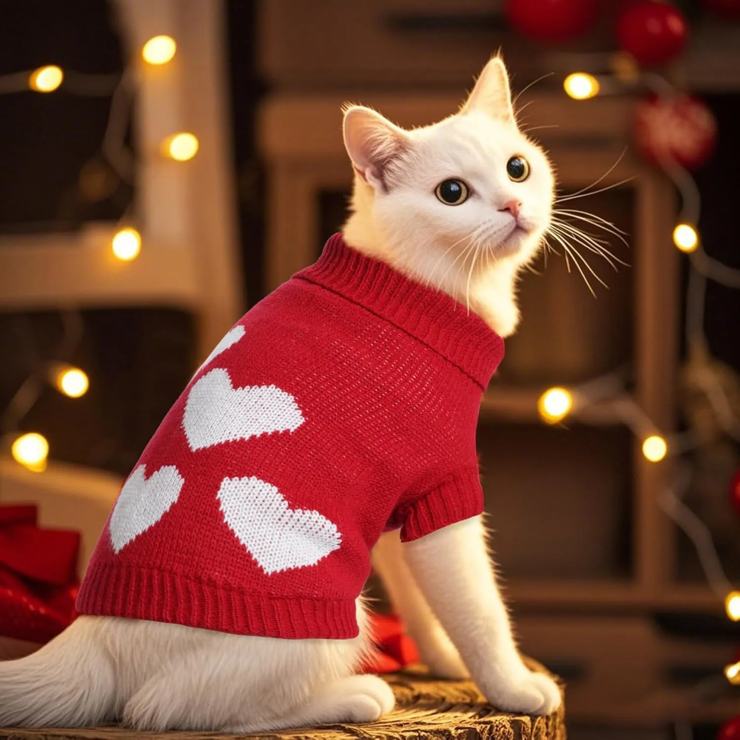 Knitted Dog Sweater Heart Puppy Sweater Winter Warm Pullover Turtleneck Knitwear Pet Holiday Clothes for Small Dogs and Cats (Red, Small)