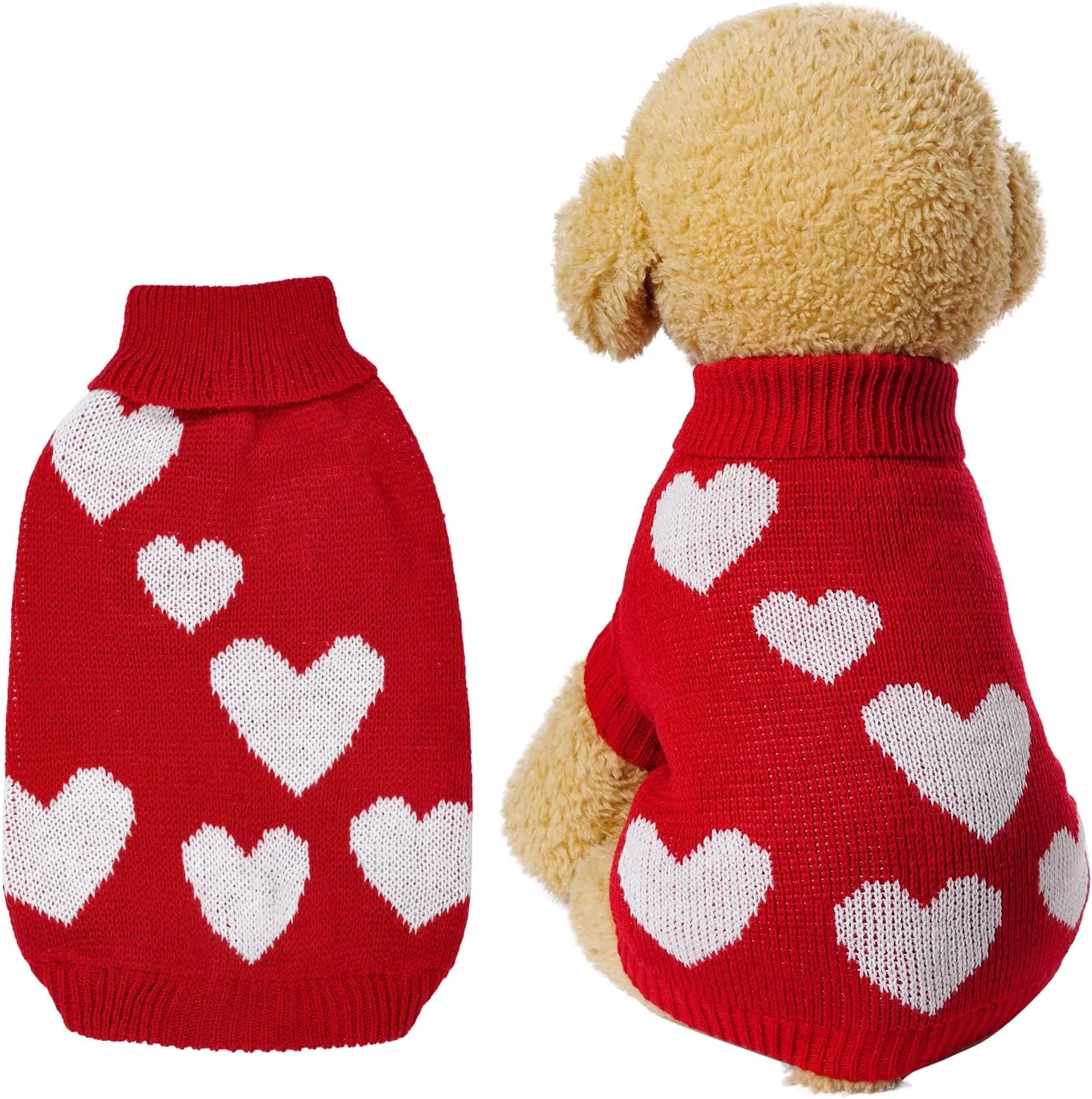Knitted Dog Sweater Heart Puppy Sweater Winter Warm Pullover Turtleneck Knitwear Pet Holiday Clothes for Small Dogs and Cats (Red, Small)