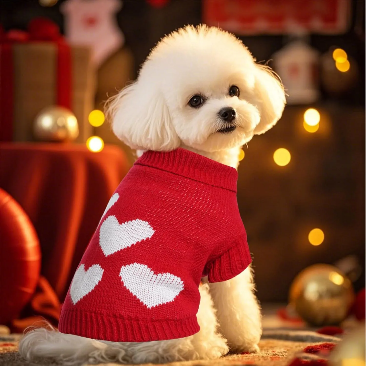 Knitted Dog Sweater Heart Puppy Sweater Winter Warm Pullover Turtleneck Knitwear Pet Holiday Clothes for Small Dogs and Cats (Red, Small)