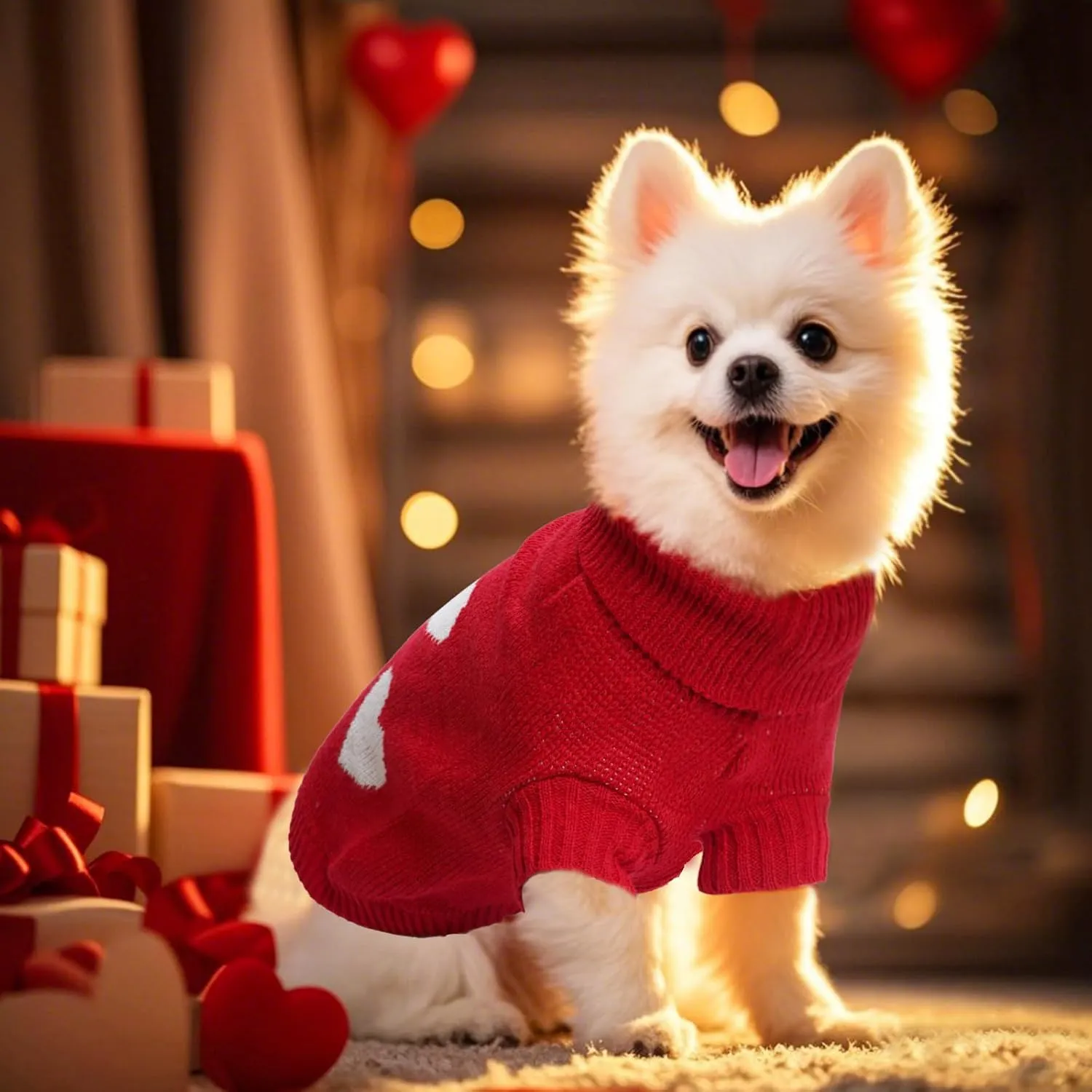 Knitted Dog Sweater Heart Puppy Sweater Winter Warm Pullover Turtleneck Knitwear Pet Holiday Clothes for Small Dogs and Cats (Red, Small)