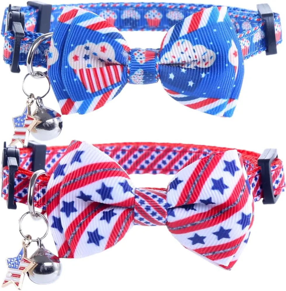 Lamphyface American Flag Cat Collar with Bell Bow Tie Star Breakaway Adjustable for 4th of July Independence Day