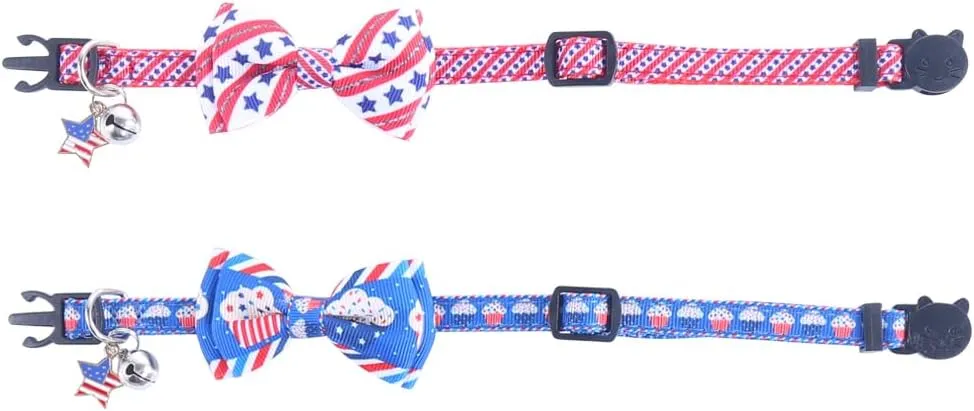 Lamphyface American Flag Cat Collar with Bell Bow Tie Star Breakaway Adjustable for 4th of July Independence Day