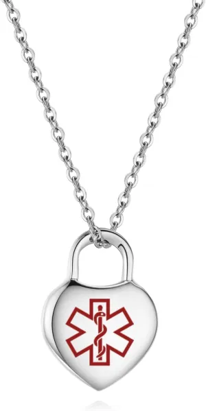 LinnaLove Medical alert necklace for Women Stainless steel heart alert id pendant with 18-20 inch chain