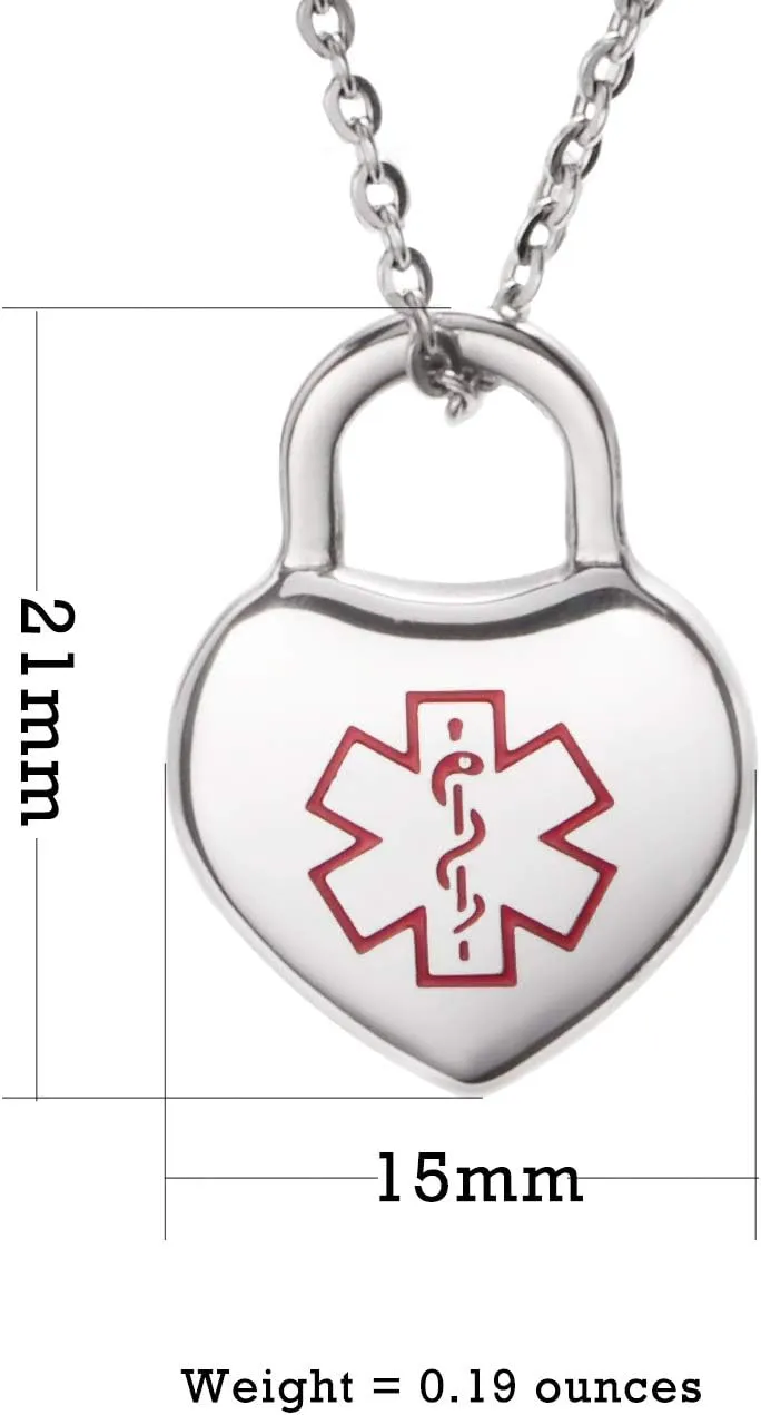 LinnaLove Medical alert necklace for Women Stainless steel heart alert id pendant with 18-20 inch chain