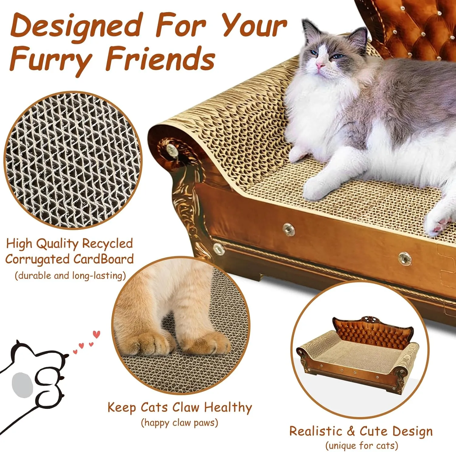 Luxury Cardboard Cat Scratcher Sofa Bed, Couch Shaped Scratching Board, Cat Scratch Lounge with Catnip, Large Brown