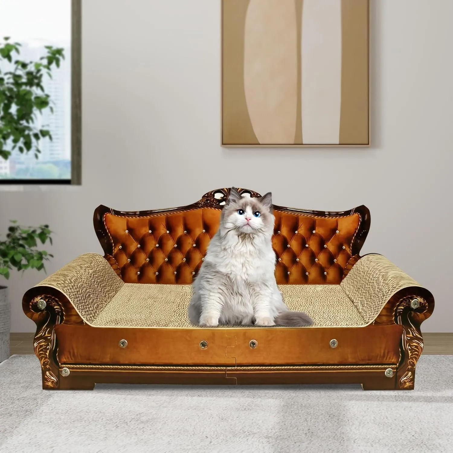 Luxury Cardboard Cat Scratcher Sofa Bed, Couch Shaped Scratching Board, Cat Scratch Lounge with Catnip, Large Brown