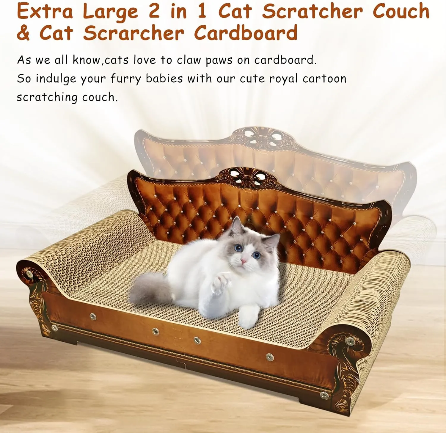 Luxury Cardboard Cat Scratcher Sofa Bed, Couch Shaped Scratching Board, Cat Scratch Lounge with Catnip, Large Brown