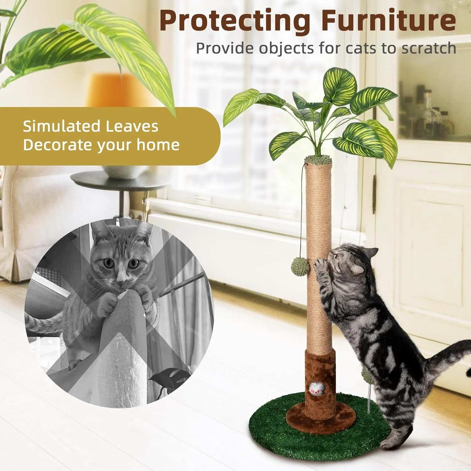 Meowoou Cat Scratching Post 32 inch Tall Palm Cat Tree Tower Scratcher with Sisal Rope for Indoor Kitten Green