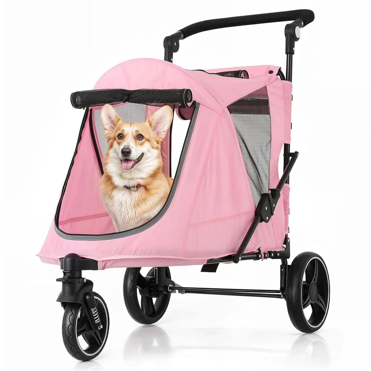 MoNiBloom Pet Stroller for Large Dogs or Multiple Dogs Cats with Adjustable Handle, 3-Wheels Dual Entry Portable Dog Carting Easy Folding Pet Wagon Double Dog Stroller up to 55 lbs, Pink