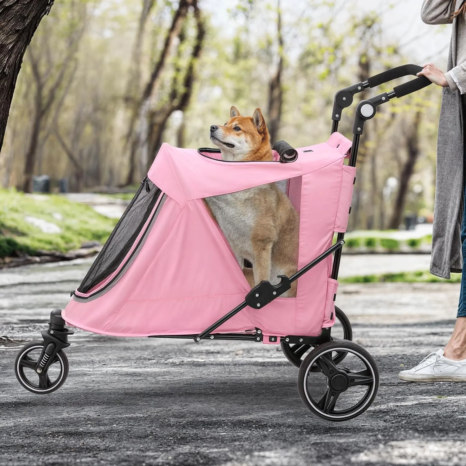 MoNiBloom Pet Stroller for Large Dogs or Multiple Dogs Cats with Adjustable Handle, 3-Wheels Dual Entry Portable Dog Carting Easy Folding Pet Wagon Double Dog Stroller up to 55 lbs, Pink