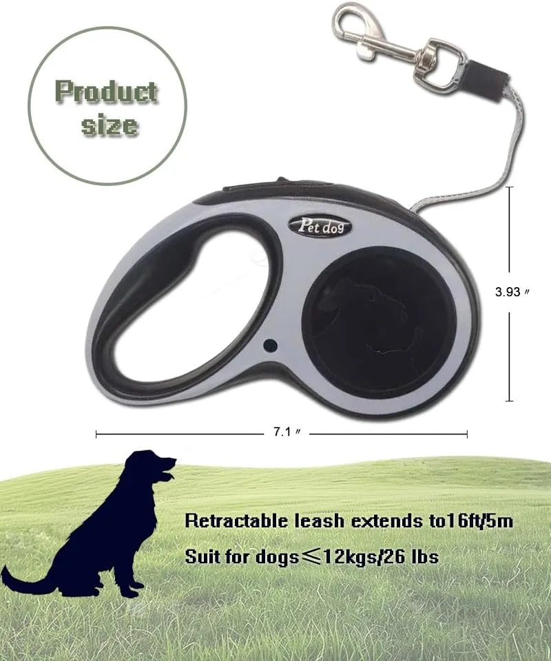New Retractable Dog Leash (Cord), Ergonomic, Durable and Tangle Free Pet Walking Leash for Dogs Up to 26 lbs, 16 ft(Black)