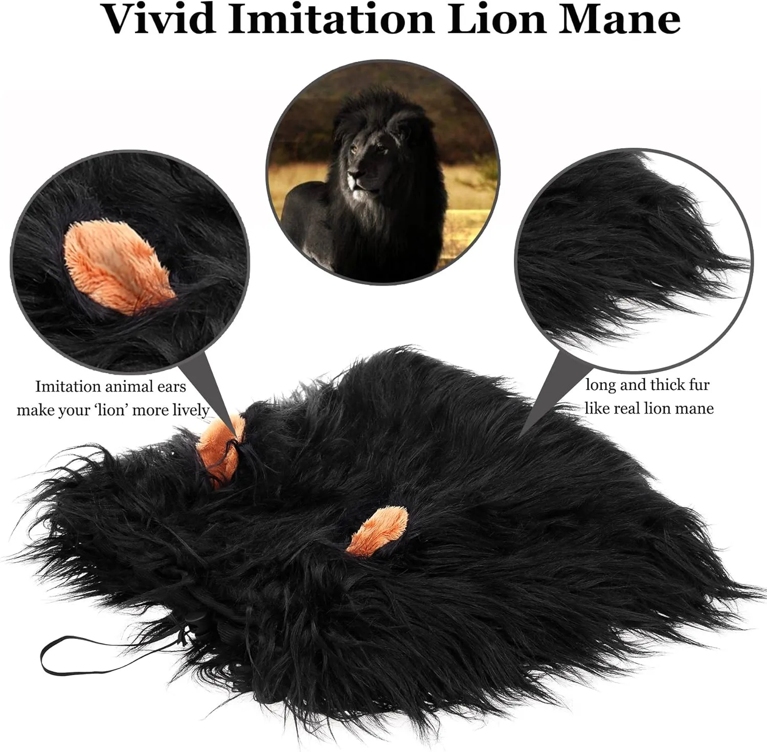 Onmygogo Lion Mane Wig for Dogs with Ears, Funny Pet Costumes for Halloween Christmas (Size M, Black)