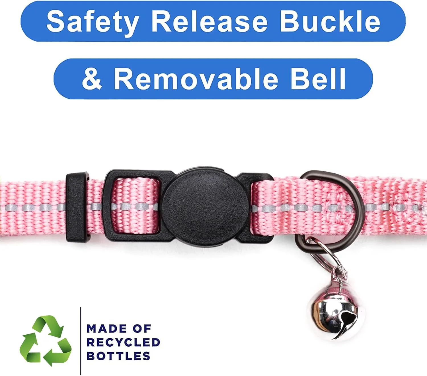 Pawtitas Recycled Cat Collar with Reflective Stitched and Safety Buckle Removable Bell Reflective Cat Breakaway Collar Made from Plastic Bottles Pink Cherry Blossom Cat Collar
