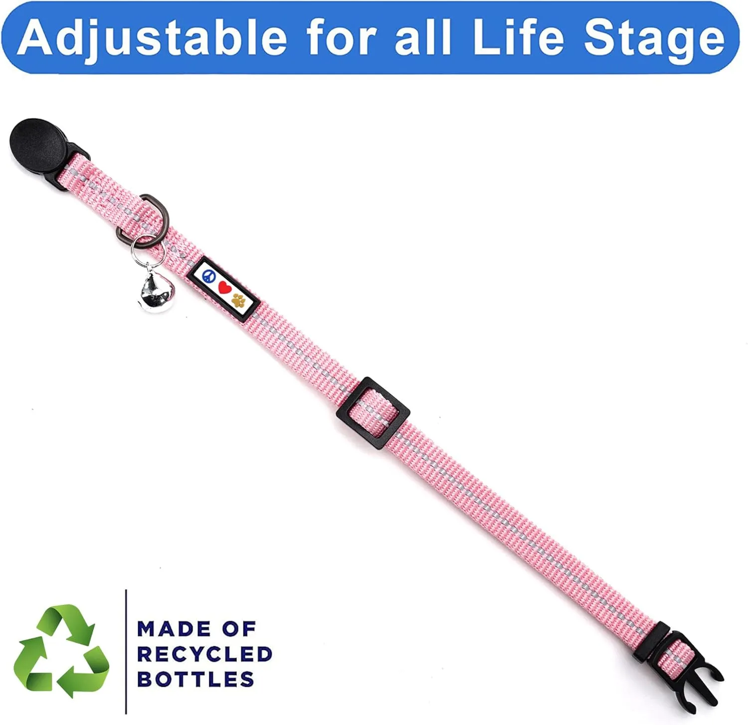 Pawtitas Recycled Cat Collar with Reflective Stitched and Safety Buckle Removable Bell Reflective Cat Breakaway Collar Made from Plastic Bottles Pink Cherry Blossom Cat Collar