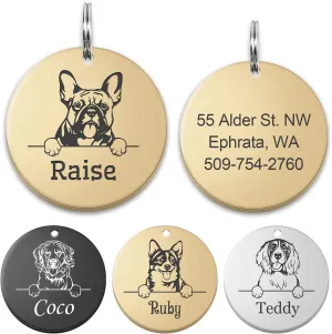 Personalized Dog Tags, Custom Pet Portrait Dog ID Tags, Anti-Lost Dog Name Tag Stainless Steel Pet Collar Charm, Engraved on Both Sides, 66 Dog Breeds Available (Gold)