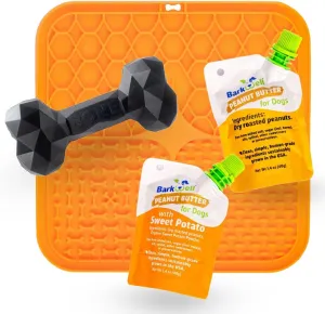 Pet Durable Dog Chew Toy for Treats and Dog Peanut Butter, All Natural Rubber chew Bone (S, Black), Rubber Lick mat and 2 1.4oz Peanut Butter Squeeze Dog Peanut Butter Treat Pouches