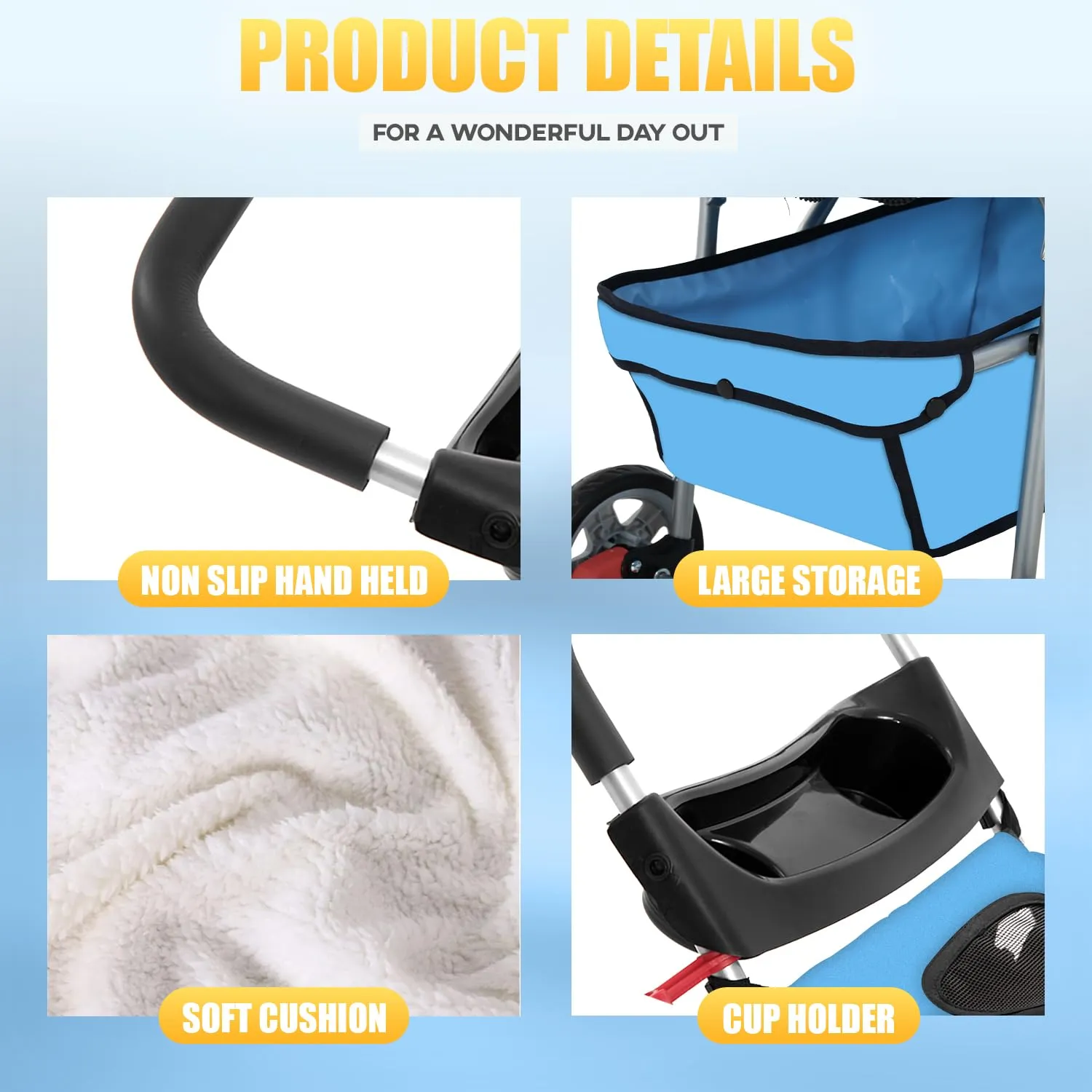 Pet Stroller 4 Wheels Dog Cat Stroller for Small Medium Dogs Cats Waterproof Foldable Puppy Stroller with Cup Holder and Storage Basket,Blue