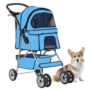 Pet Stroller 4 Wheels Dog Cat Stroller for Small Medium Dogs Cats Waterproof Foldable Puppy Stroller with Cup Holder and Storage Basket,Blue