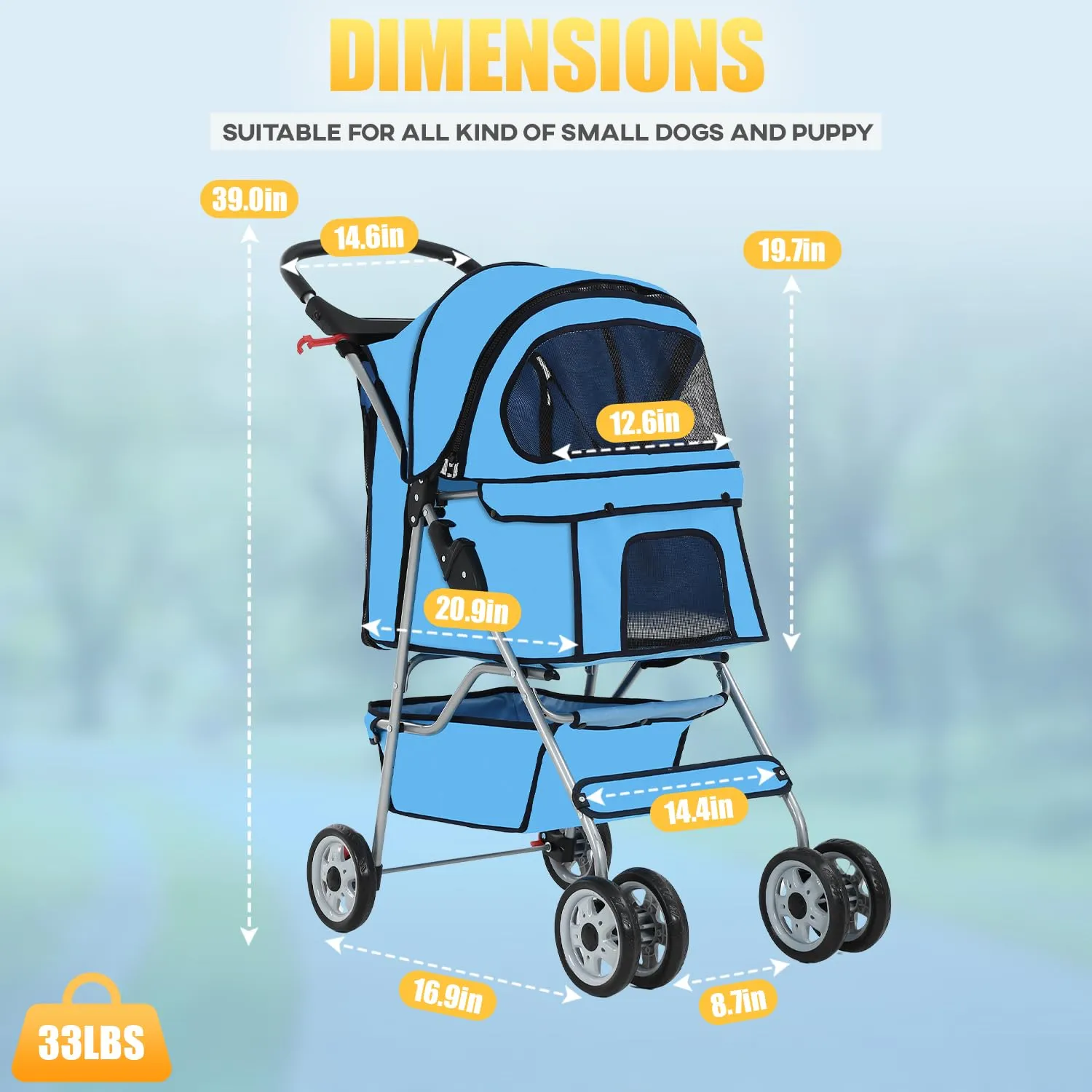 Pet Stroller 4 Wheels Dog Cat Stroller for Small Medium Dogs Cats Waterproof Foldable Puppy Stroller with Cup Holder and Storage Basket,Blue
