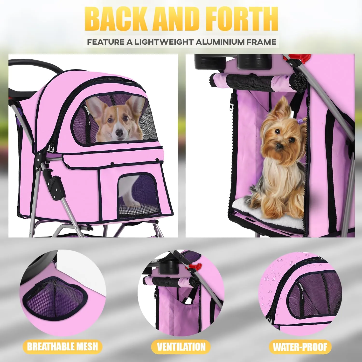 Pet Stroller for Dog and Cat, Aluminium Frame, 4 Wheeler, Folding, Travel Stroller, Lightweight, 33lbs Capacity, Pink