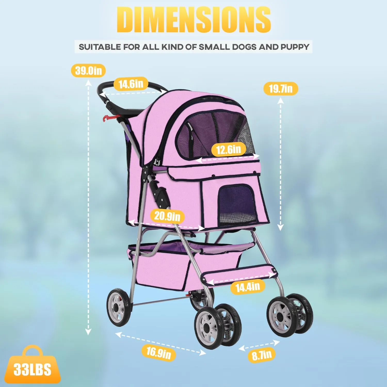 Pet Stroller for Dog and Cat, Aluminium Frame, 4 Wheeler, Folding, Travel Stroller, Lightweight, 33lbs Capacity, Pink