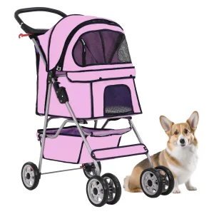 Pet Stroller for Dog and Cat, Aluminium Frame, 4 Wheeler, Folding, Travel Stroller, Lightweight, 33lbs Capacity, Pink