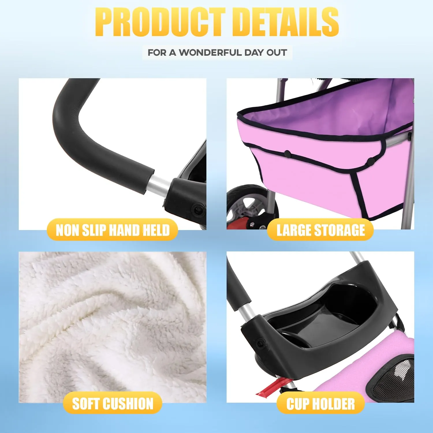 Pet Stroller for Dog and Cat, Aluminium Frame, 4 Wheeler, Folding, Travel Stroller, Lightweight, 33lbs Capacity, Pink