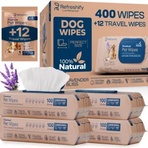 Pet Wipes for Dogs and Cats Plant Based  Lavendar Scented (Pack of 400) Dog Wipes for Paws and Butt - Deodorizing Non Toxic Dog Wipes,  12 Additional Travel Wipes