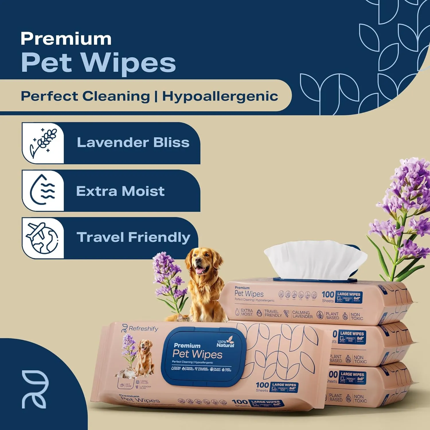 Pet Wipes for Dogs and Cats Plant Based  Lavendar Scented (Pack of 400) Dog Wipes for Paws and Butt - Deodorizing Non Toxic Dog Wipes,  12 Additional Travel Wipes