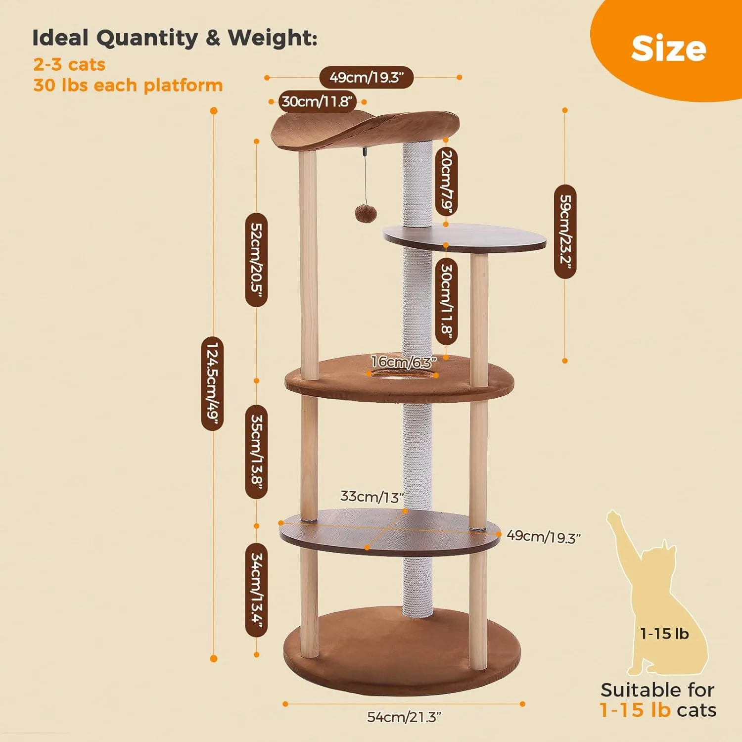 PETEPELA Wood Cat Tree Tower for Indoor Cats,5-Level Modern Cat Tree Cat Activity Center with Scratching Posts, Brown