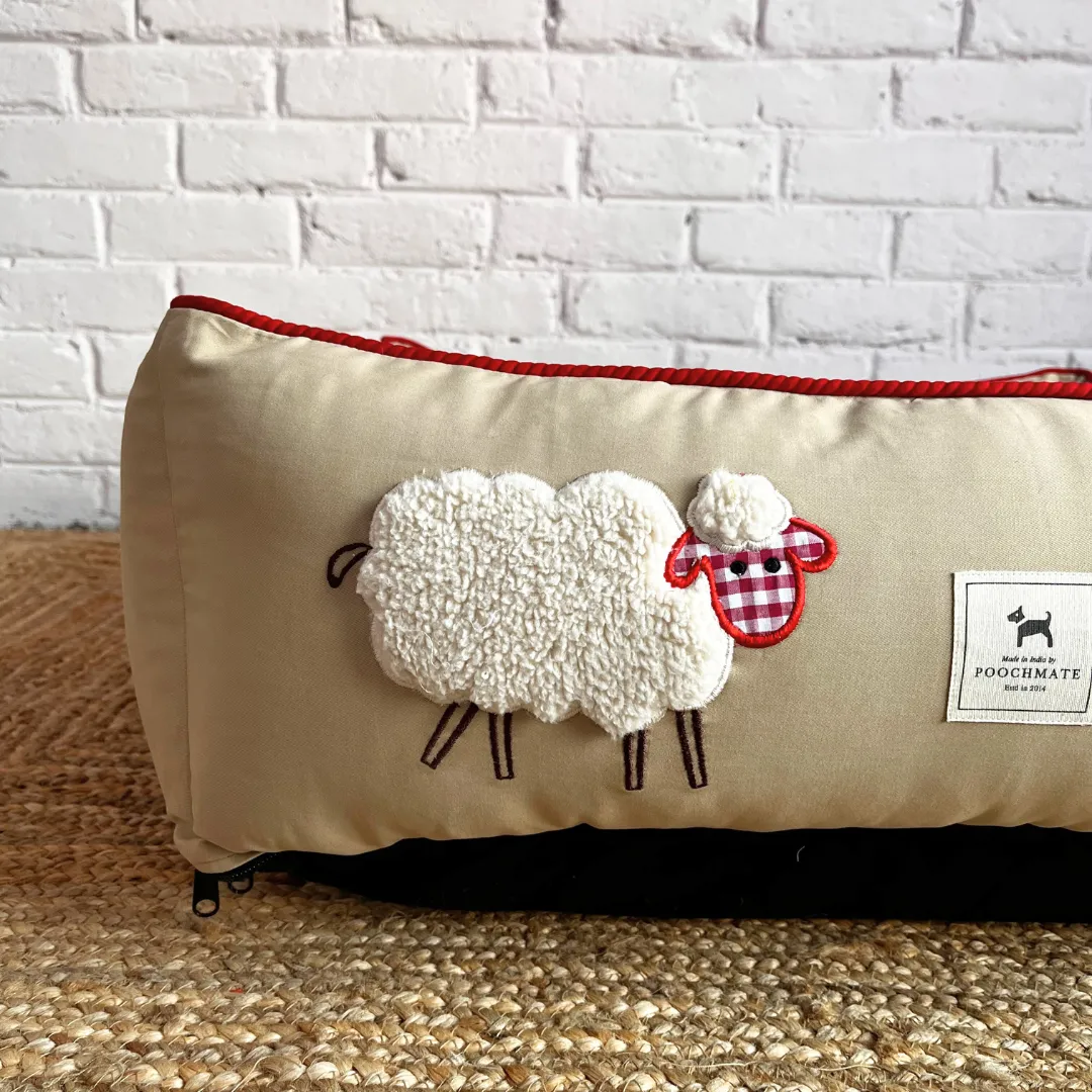 PoochMate OAK 3.0 :  Sheep Applique Beige & Red Bolster Dog Bed : Small