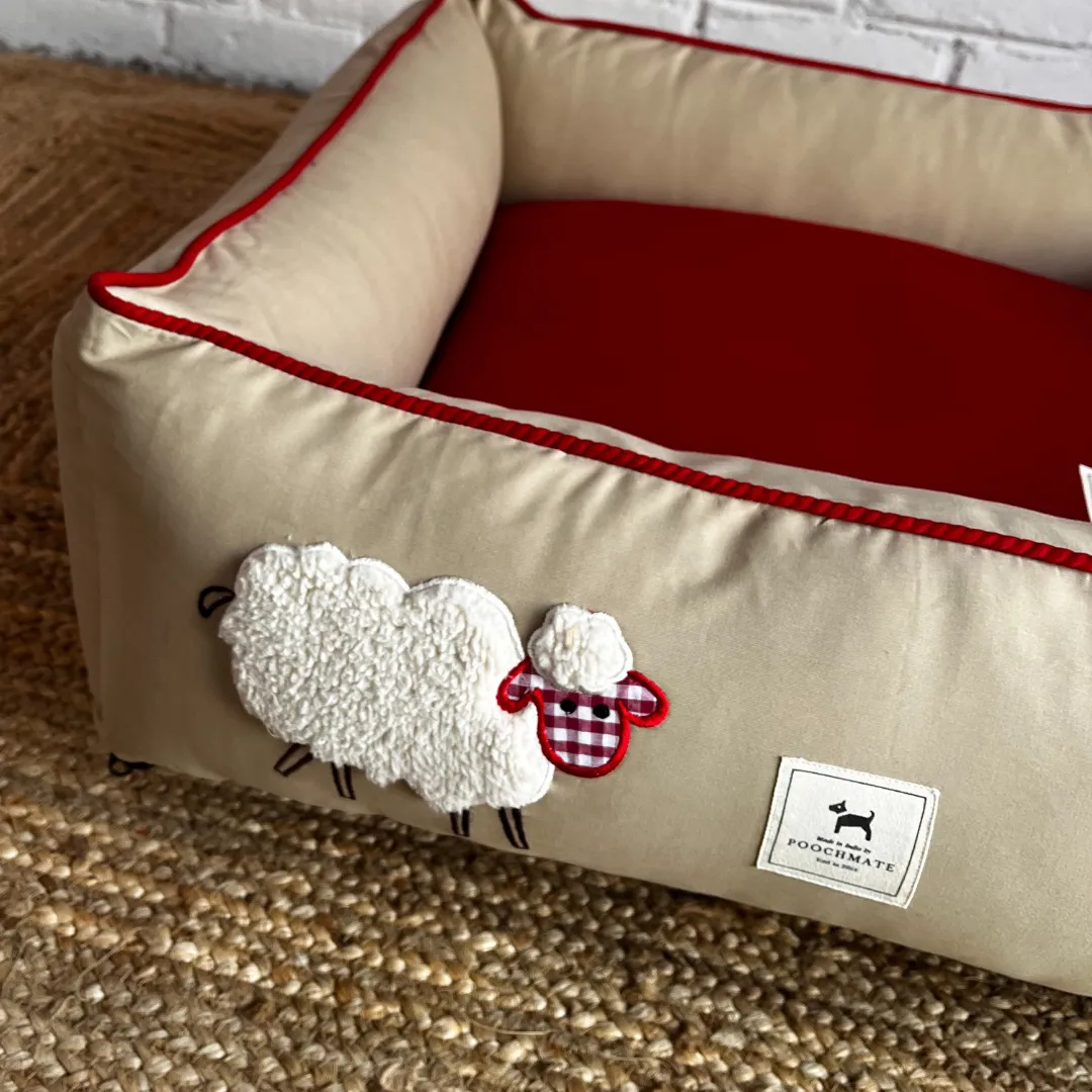 PoochMate OAK 3.0 :  Sheep Applique Beige & Red Bolster Dog Bed : Small