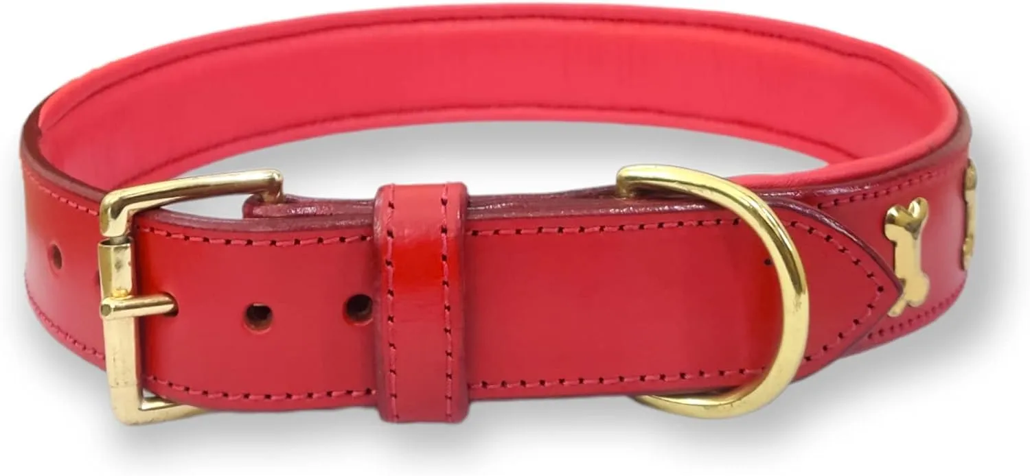 Premium Genuine Leather Luxury Soft Pet Dog Collar -Walking Running Training Purposes - Durable Strong, Heavy Duty,Adjustable Male Female Dogs (L (17"-20"), Red/Golden)