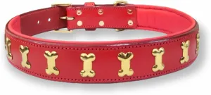 Premium Genuine Leather Luxury Soft Pet Dog Collar -Walking Running Training Purposes - Durable Strong, Heavy Duty,Adjustable Male Female Dogs (L (17"-20"), Red/Golden)