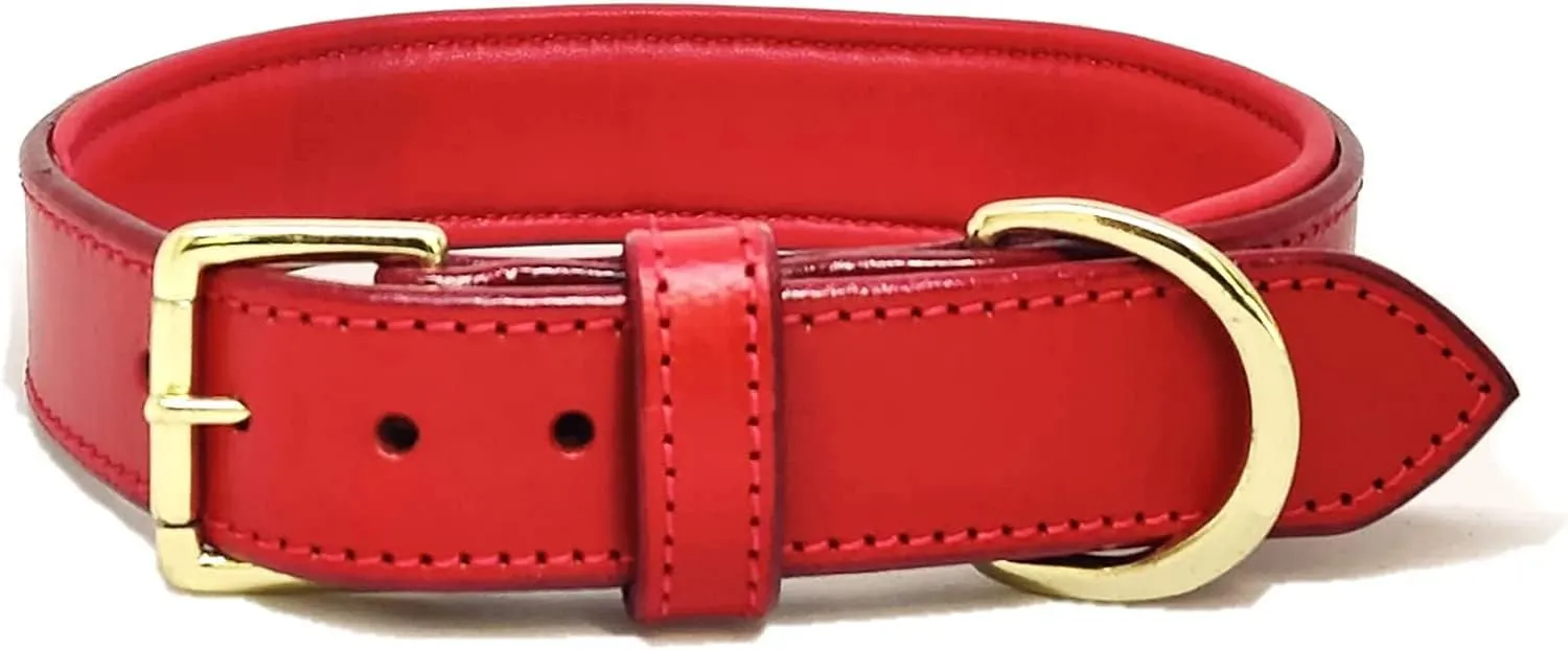 Premium Genuine Leather Luxury Soft Pet Dog Collar -Walking Running Training Purposes - Durable Strong, Heavy Duty,Adjustable Male Female Dogs (L (17"-20"), Red/Golden)