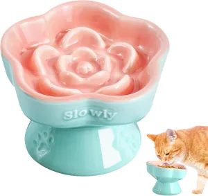 Raised Slow Feeder, Elevated Ceramic Slow Feeder Cat Bowl with Tilted Design, Flower Shaped Stylish Small Dogs Bowl for Dry and Wet Cat Food