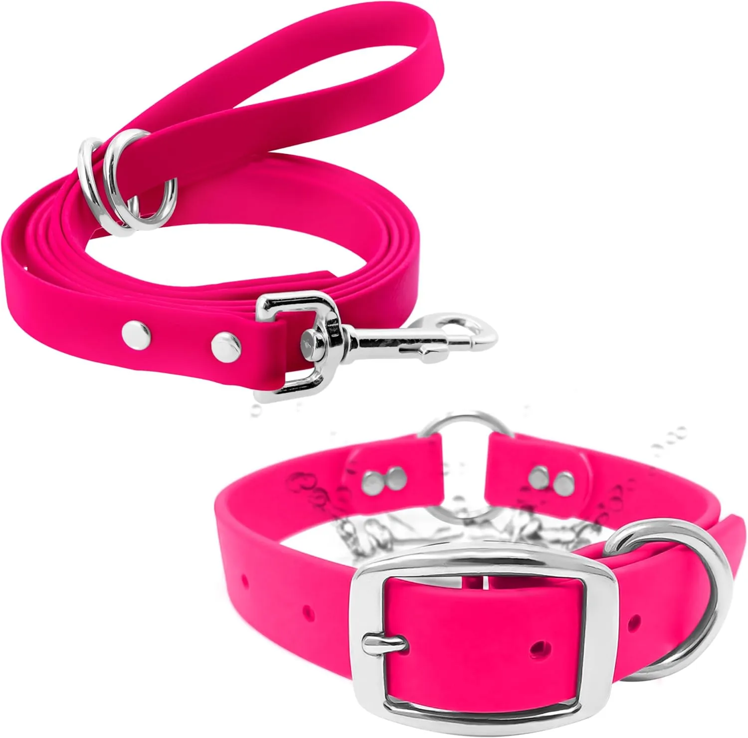Regal Dog Products Medium Pink Waterproof Dog Collar and Leash Set - Vinyl Coated Biothane Pet Training Collar with Heavy Duty Center Ring & 5'ft Leash - Other Sizes for Puppy, Small & Large Dogs